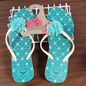 NEW NWT Pretty You London Tessa Flower‎ Flip Flops Thongs XL 9½ - 10½ Aqua Blue